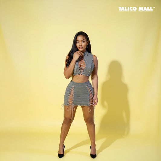 Lace-Up Grey Denim Two-Piece Skirt Set